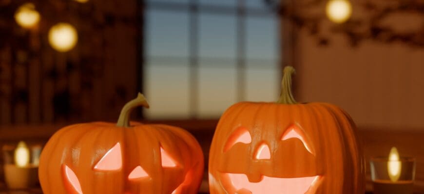 Two,Carved,Jack-o-lantern,Pumpkins,Glowing,On,A,Table,During,Halloween
